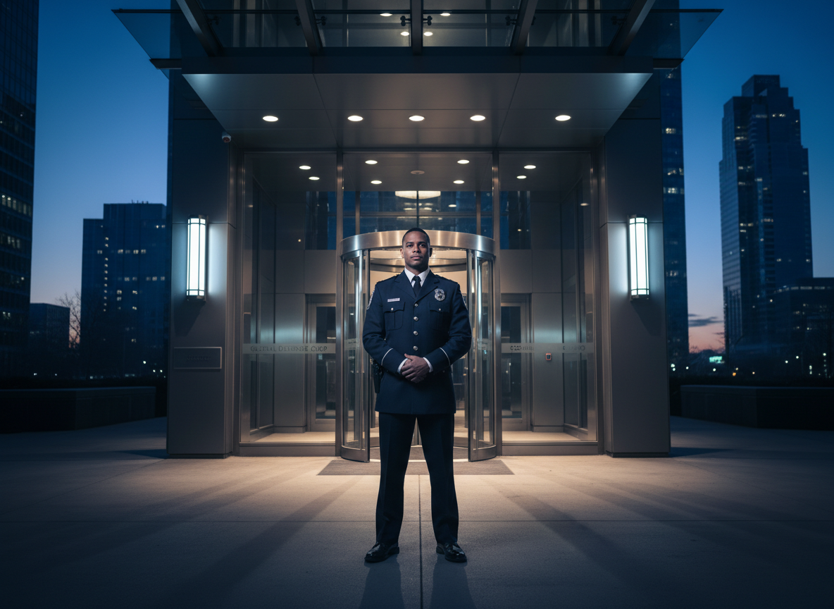 Stylios Security professional security officer at building entrance